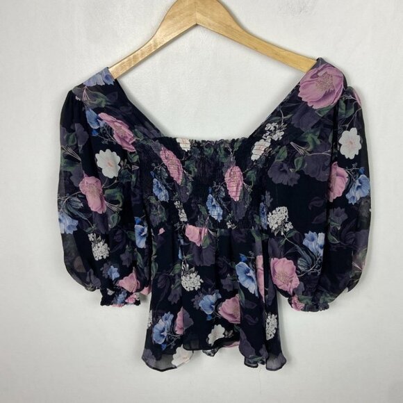 Nicholas 100% Silk Floral Square Neck Smocked Puff Sleeve Blouse Australia Top 6 - Picture 12 of 14